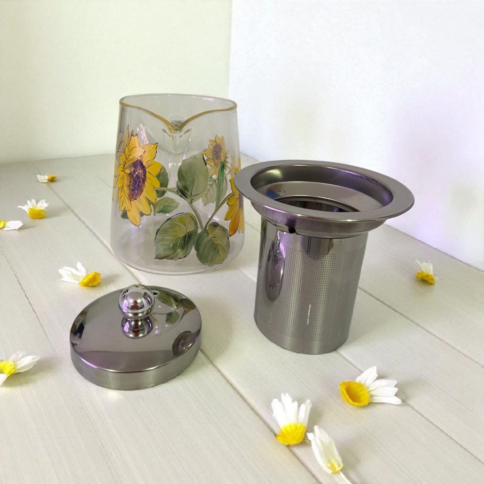 Chaleira de Vidro com Infusor 550 ml Girassol Pintado à Mão
