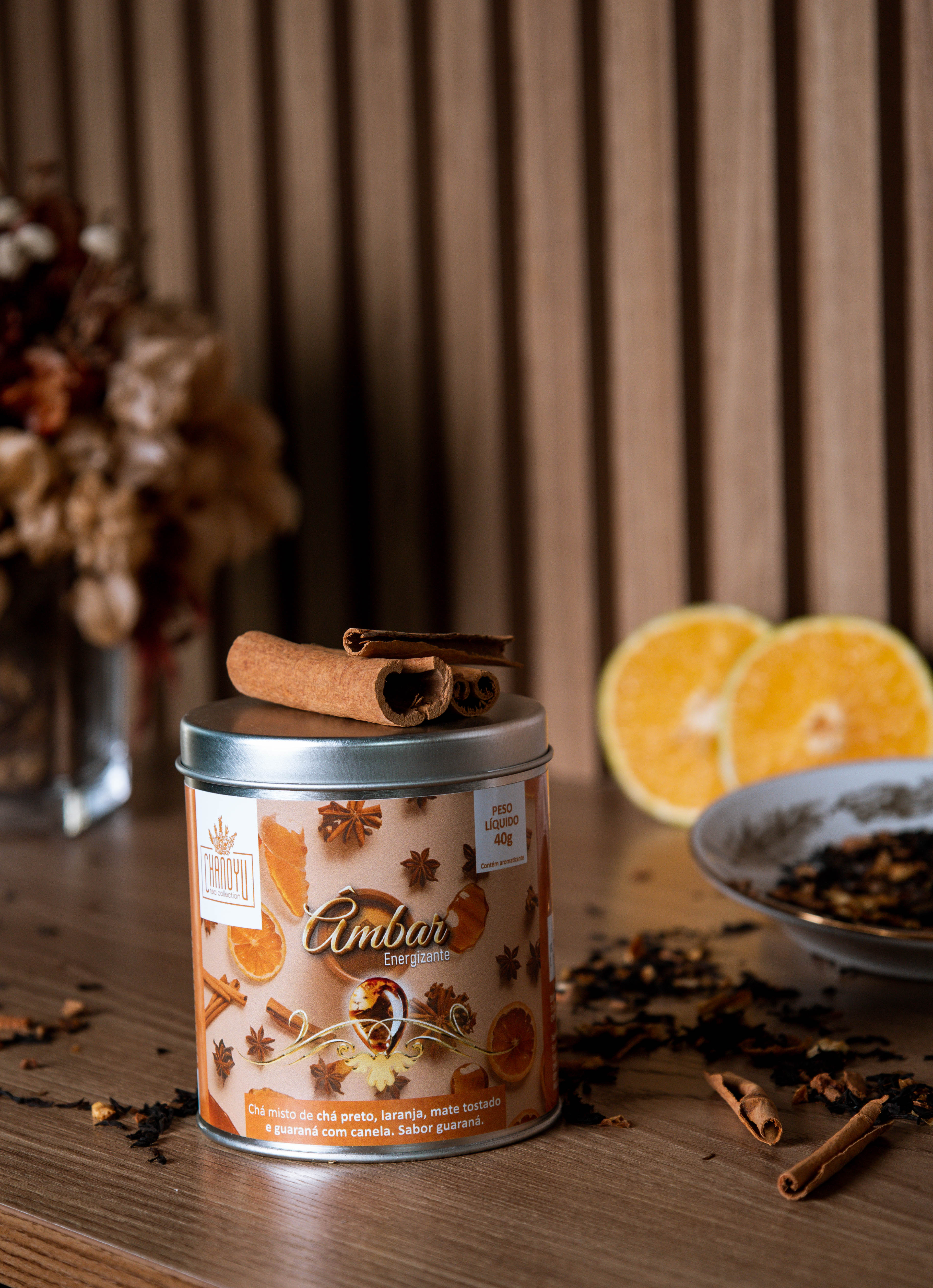 Chá Energizante - chá preto, laranja, mate tostado e guaraná com canela. Sabor guaraná (Lata 40g)