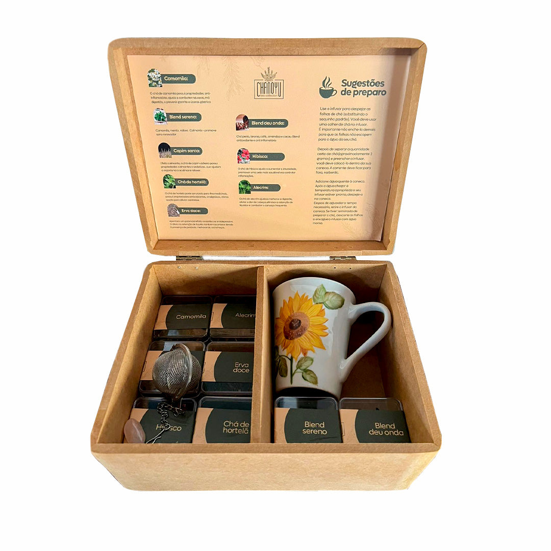 Tea box: 8 chás artesanais + caneca girassol + infusor